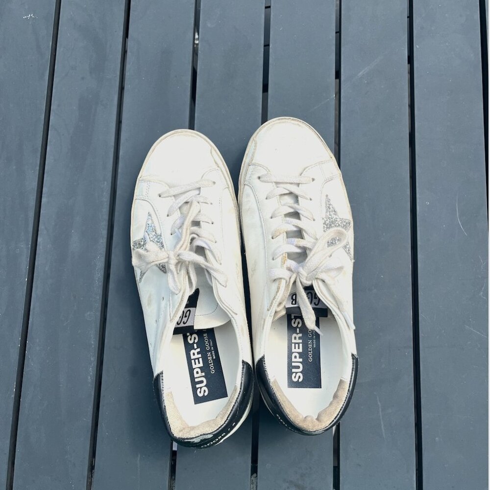 GOLDEN GOOSE Superstar distressed glittered leather sneakers